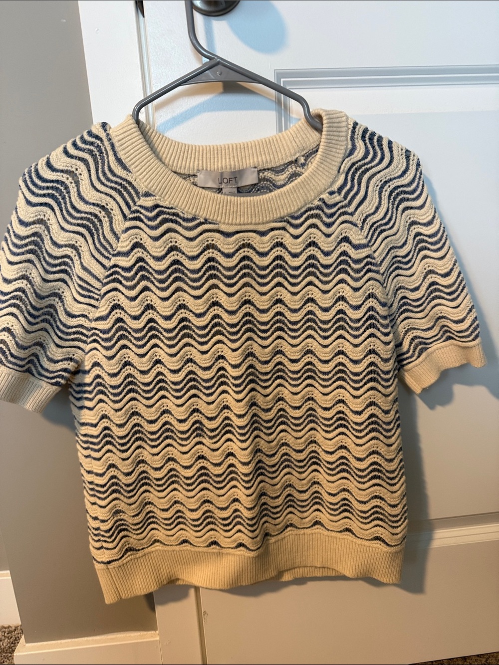 LOFT Cream and Navy Wave Knit Short Sleeve Crewneck Sweater